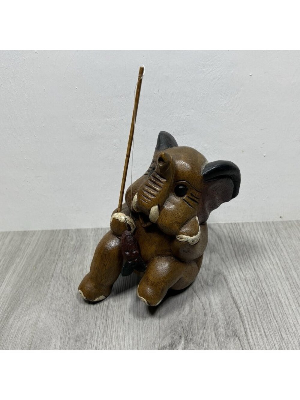 Vintage Wooden Elephant Fishing 7" Tall Sits 5.5" Animal Home Decor